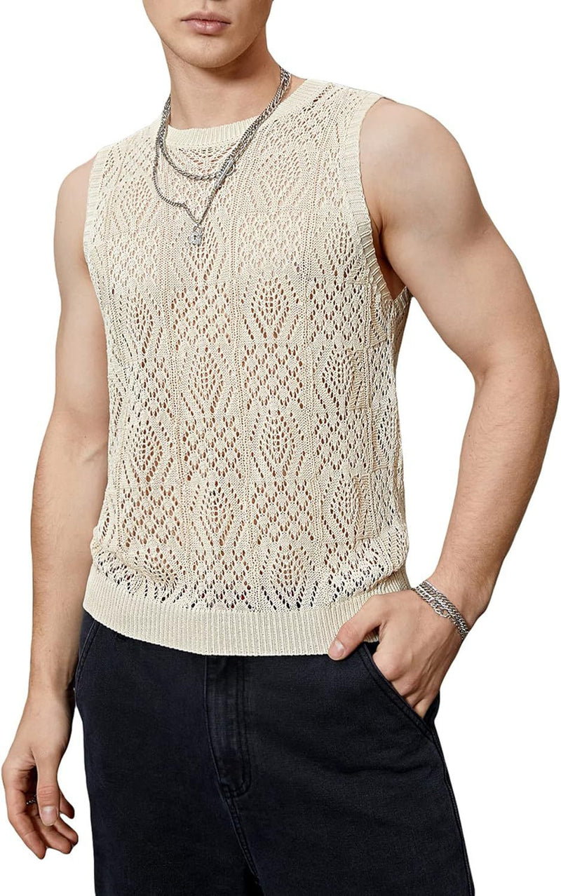 Débardeur pour hommes en crochet - Design géométrique sans manches - Léger et ultra respira