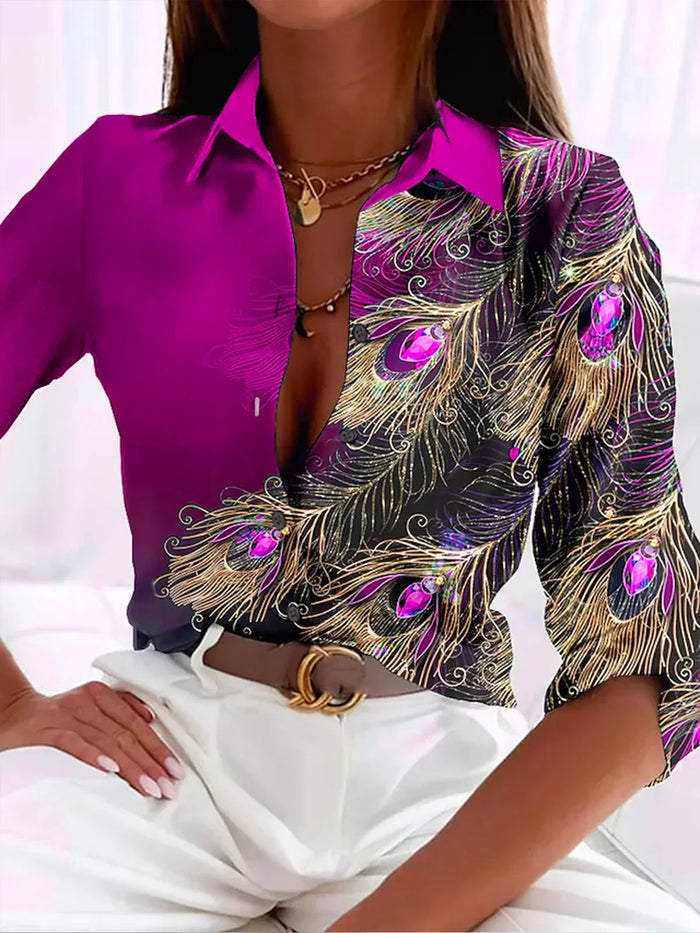 Élégant chemisier pour femmes avec un magnifique imprimé de plumes de paon - top stylé et à la mode