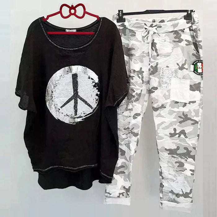 Ensemble décontracté pour dames - T-shirt camouflage tendance et pantalon confortable