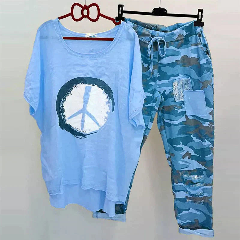 Ensemble décontracté pour dames - T-shirt camouflage tendance et pantalon confortable