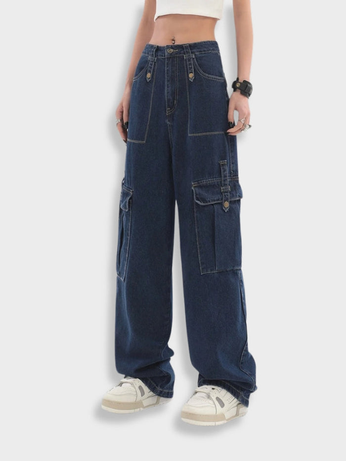 1. pantalon cargo élégant pour femmes avec de nombreuses poches - jambe large bleue à la mode pour une élégance décontractée - style denim polyvalent