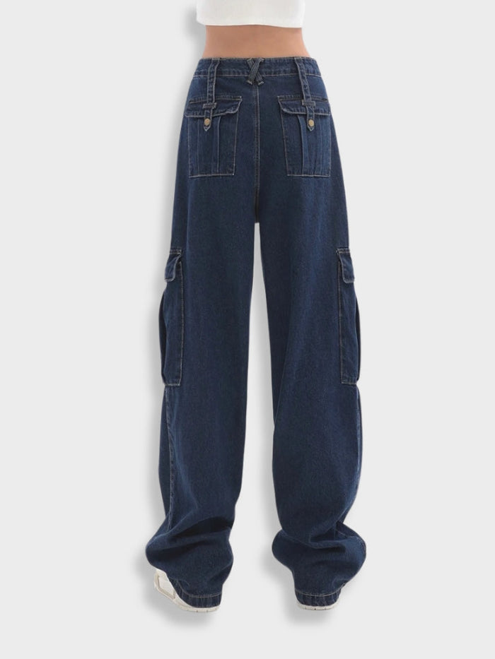 1. pantalon cargo élégant pour femmes avec de nombreuses poches - jambe large bleue à la mode pour une élégance décontractée - style denim polyvalent