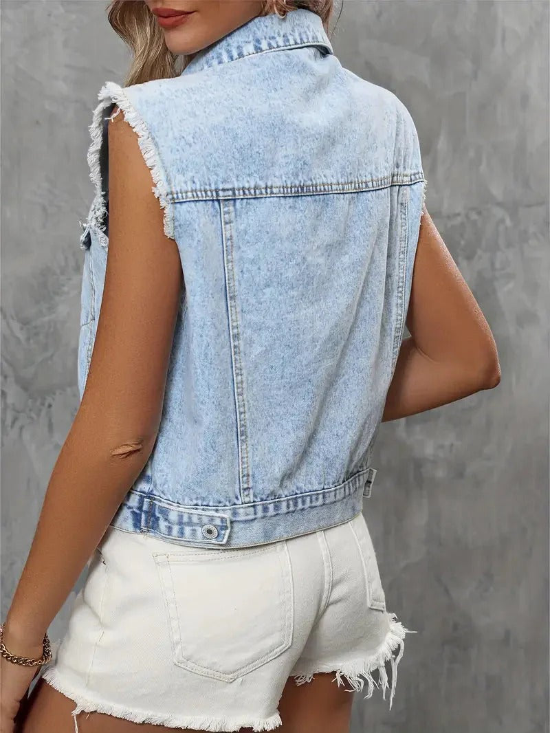 Élégant cardigan sans manches en denim pour femmes avec poches pratiques - Hedwig