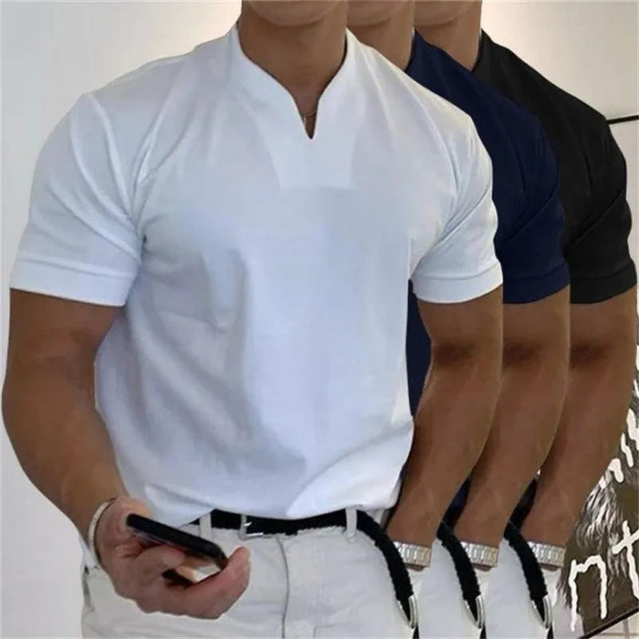 Men's Sporty Notched V-Neck T-Shirt - Short Sleeve Slim Fit Casual Top