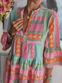 Robe Midi Boho pour Femmes - Coupe Ample - Manche Trois-Quarts - Design Géométrique Légère