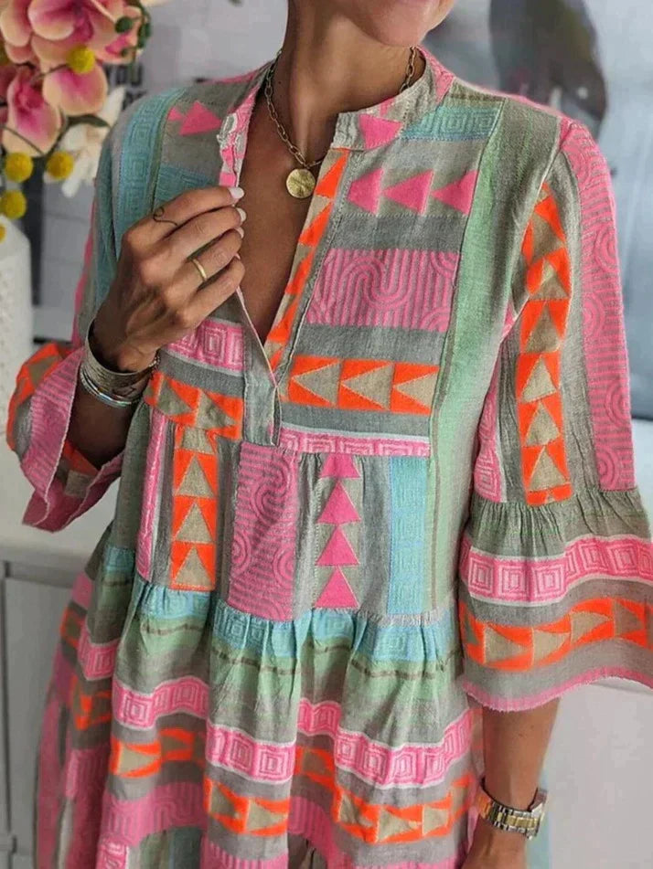 Robe Midi Boho pour Femmes - Coupe Ample - Manche Trois-Quarts - Design Géométrique Légère