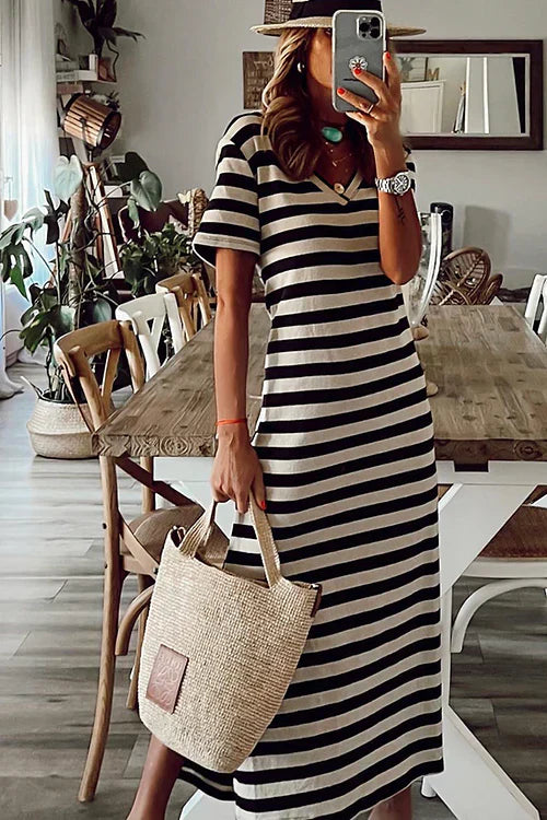 Robe décontractée pour femmes à rayures - Col en V - Manches courtes - Respirante et coupe détendue