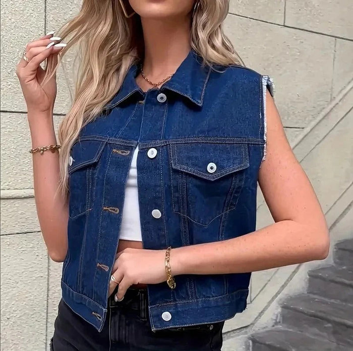 Élégant cardigan sans manches en denim pour femmes avec poches pratiques - Hedwig