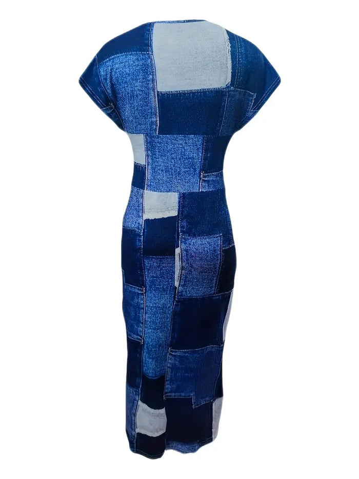 Robe moulante pour femmes en denim patchwork, longueur mi-cul, col en V à manches courtes