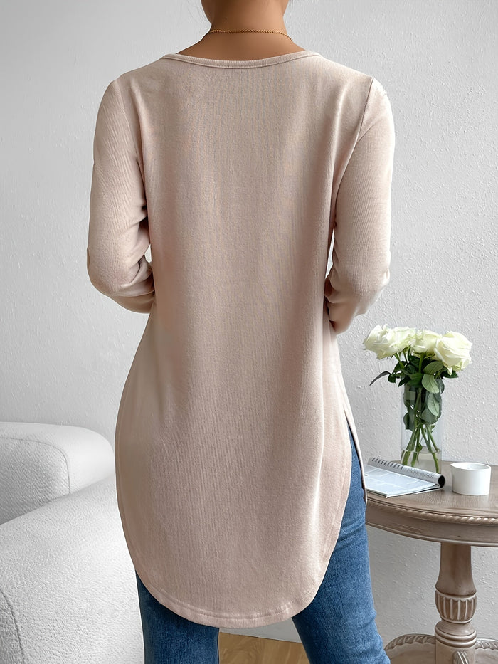 Light Beige Long Sleeve Top for Women - Stylish Casual T-Shirt with Curved Zoom