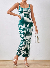 Élégante robe midi bodycon pour femmes, avec encolure carrée, sans manches et motif géométrique stylisé