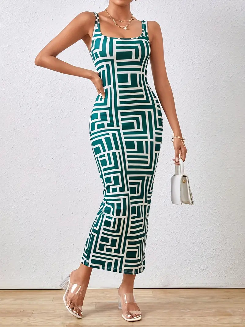 Élégante robe midi bodycon pour femmes, avec encolure carrée, sans manches et motif géométrique stylisé