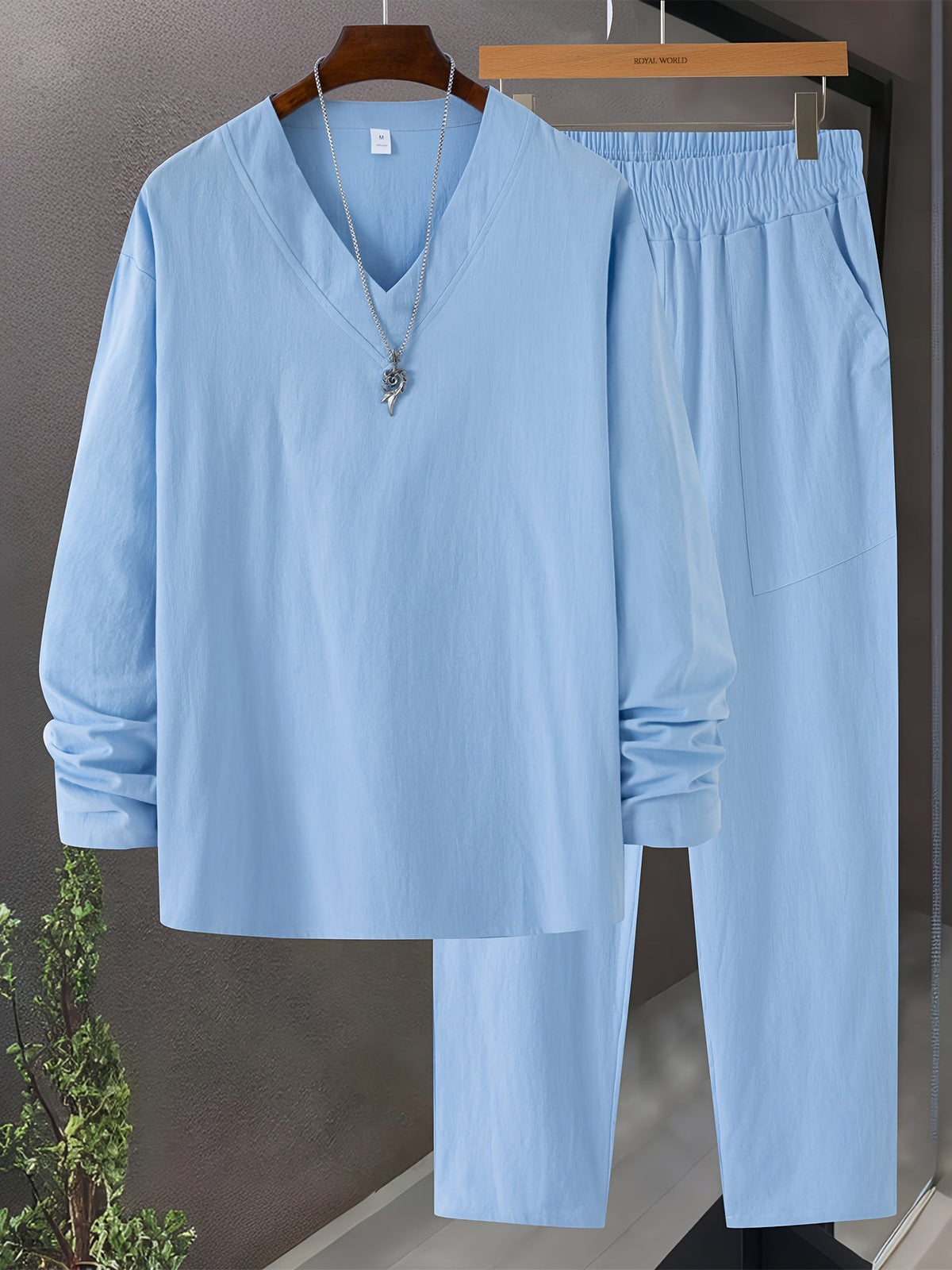 Vêtements de détente pour hommes - Ensemble T-shirt à manches longues en V et pantalon ample avec poches