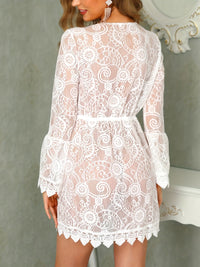Elegant Women's Lace V-Neck Midi Dress - Perfect Summer Knit Beachwear with Flattering Slit Hem & Stylish Long Sleeves (Robe midi en dentelle à col en V pour femmes)