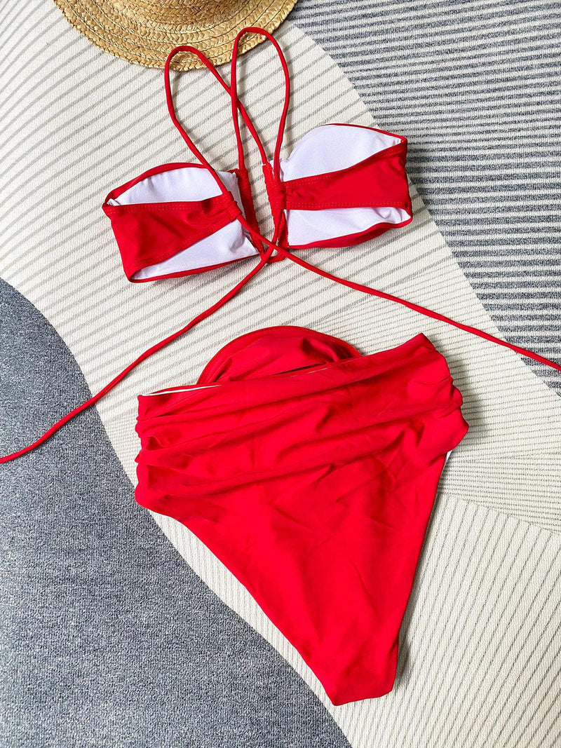 Seiße Frauen Bügel-Bikini mit Blumenmuster und eleganter Halter-Optik