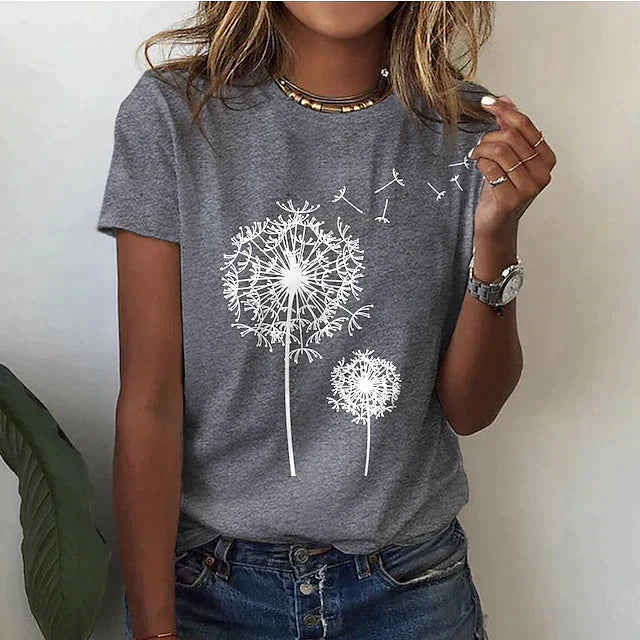 T-shirt pour dames à l'imprimé joyeux de pissenlits - top décontracté en coton confortable à porter tous les jours