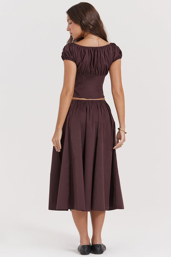 Ensemble élégant de haut et de jupe midi pour femmes, marron foncé, pour un look sophistiqué