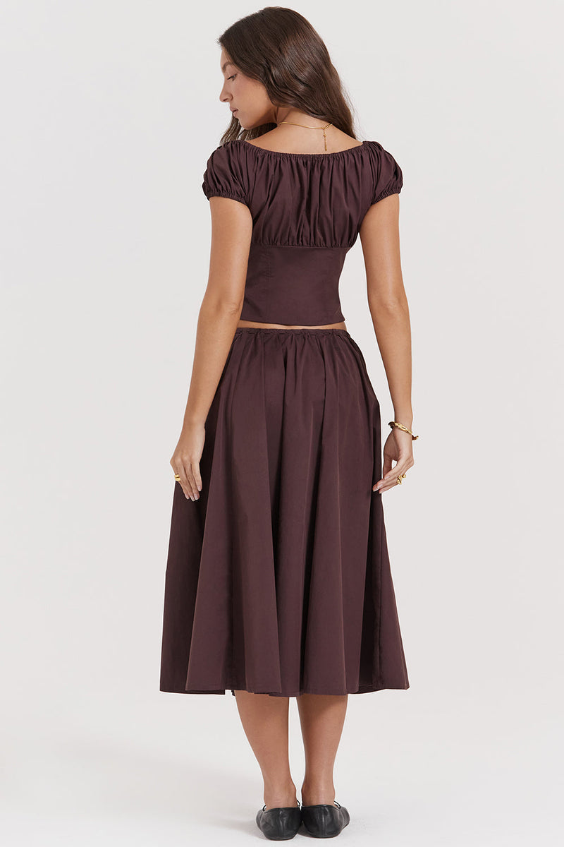 Ensemble élégant de haut et de jupe midi pour femmes, marron foncé, pour un look sophistiqué