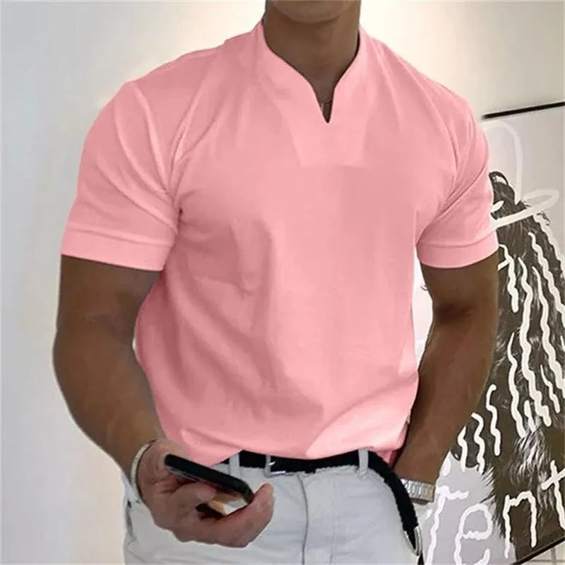 Men's Sporty Notched V-Neck T-Shirt - Short Sleeve Slim Fit Casual Top