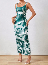 Élégante robe midi bodycon pour femmes, avec encolure carrée, sans manches et motif géométrique stylisé
