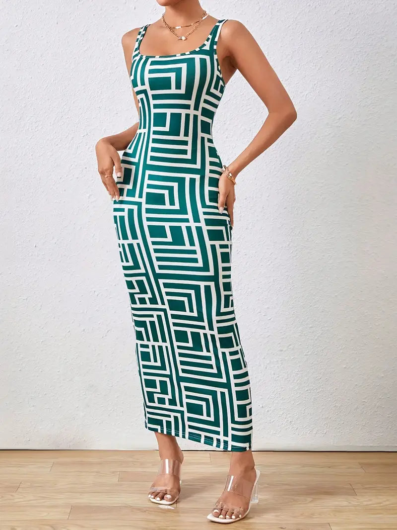 Élégante robe midi bodycon pour femmes, avec encolure carrée, sans manches et motif géométrique stylisé