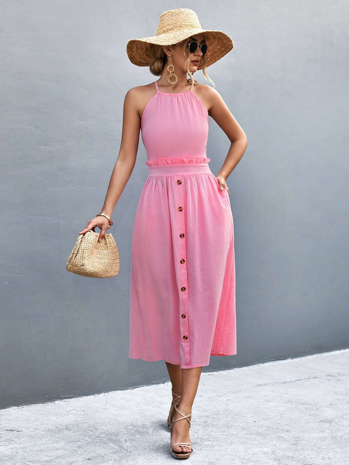 Robe midi sans manches à col halter pour femmes - Devant boutonné fluide à coupe A-line élégante