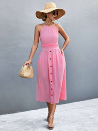 Robe midi sans manches à col halter pour femmes - Devant boutonné fluide à coupe A-line élégante