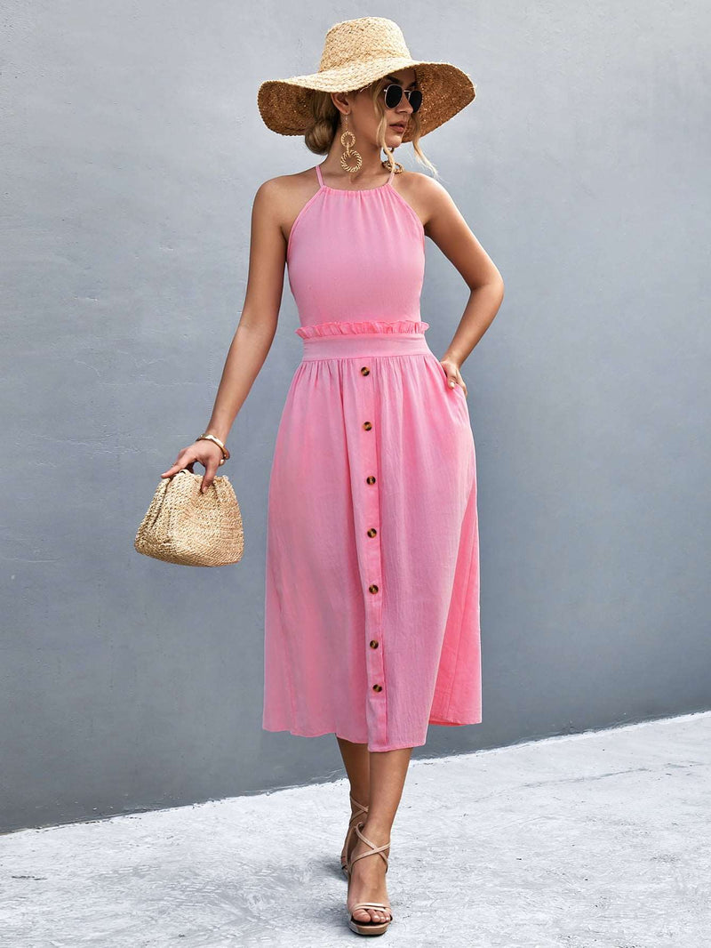 Robe midi sans manches à col halter pour femmes - Devant boutonné fluide à coupe A-line élégante