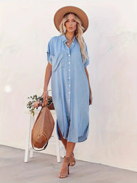Robe midi à boutons pour femmes - Coupe décontractée - Manches courtes - Col classique - Poches latérales élégantes
