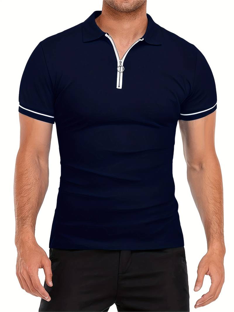 Polo slim à manches courtes pour hommes avec fermeture à glissière contrastée à la mode
