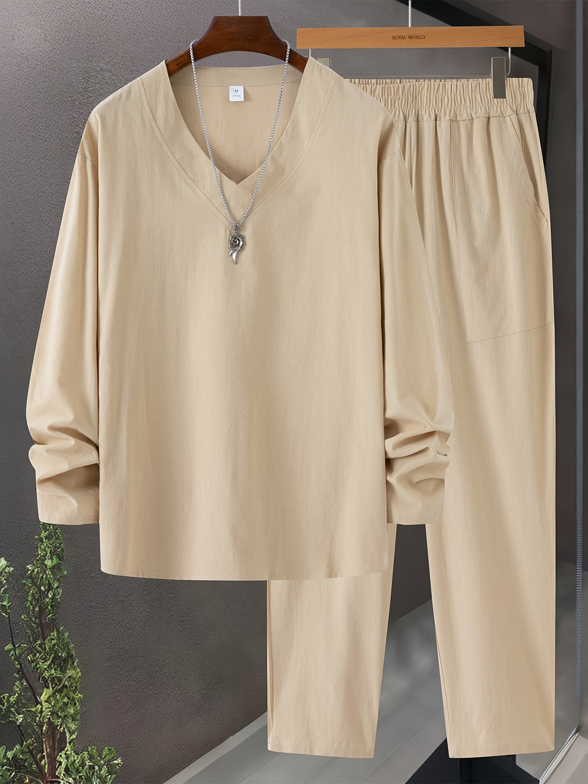 Vêtements de détente pour hommes - Ensemble T-shirt à manches longues en V et pantalon ample avec poches