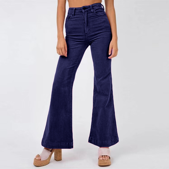 Élégant pantalon évasé en tissu pour femmes, avec taille haute et poches pratiques