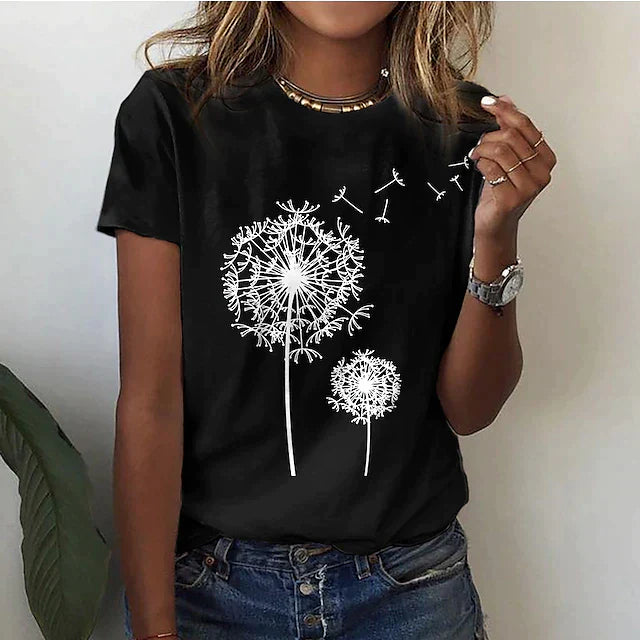 T-shirt pour dames à l'imprimé joyeux de pissenlits - top décontracté en coton confortable à porter tous les jours