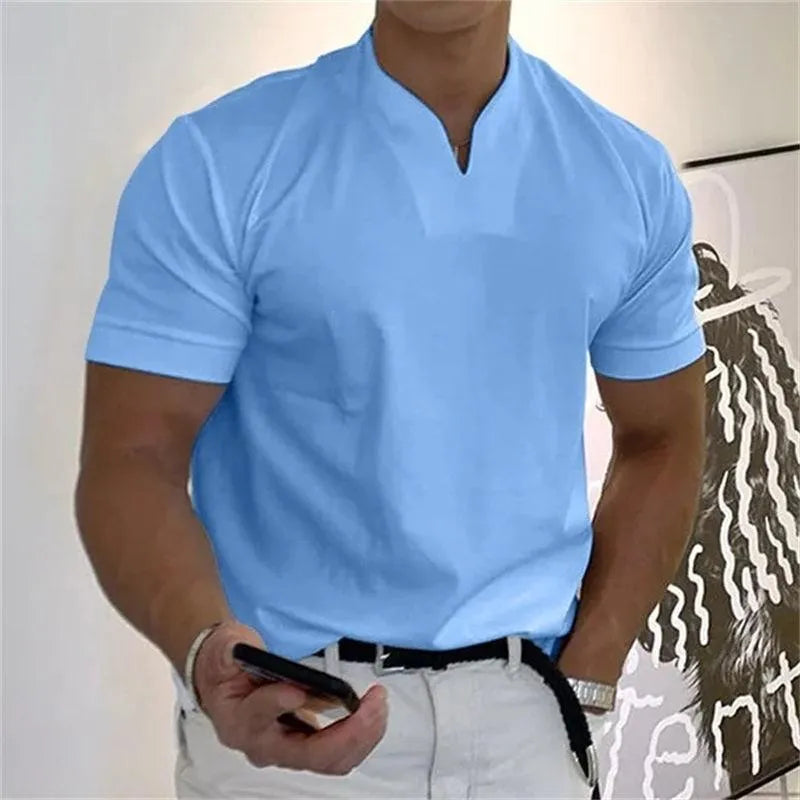 Men's Sporty Notched V-Neck T-Shirt - Short Sleeve Slim Fit Casual Top