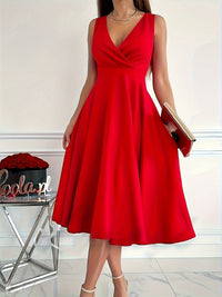 Chic V-Neck Midi Dress for Women - Elegant & Stylish