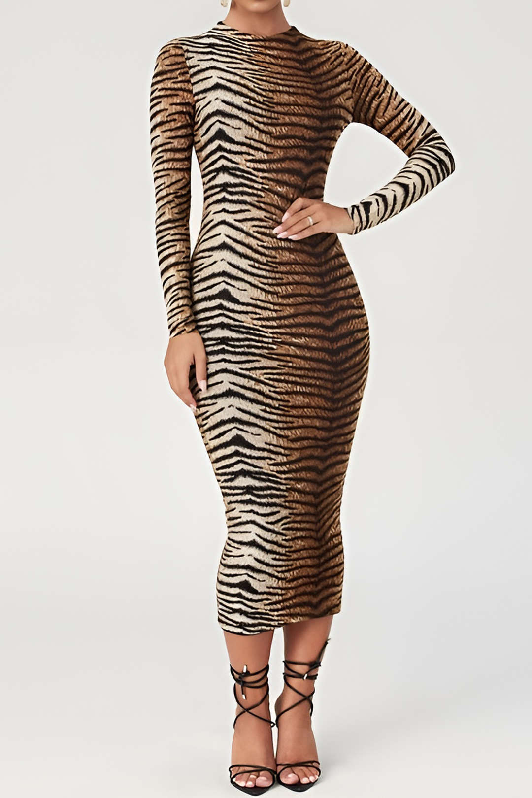 Vestido Bodycon Midi para Mujeres - Manga Larga, Cuello Alto y Estampado Animal para un Estilo Elegante