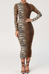 Vestido Bodycon Midi para Mujeres - Manga Larga, Cuello Alto y Estampado Animal para un Estilo Elegante
