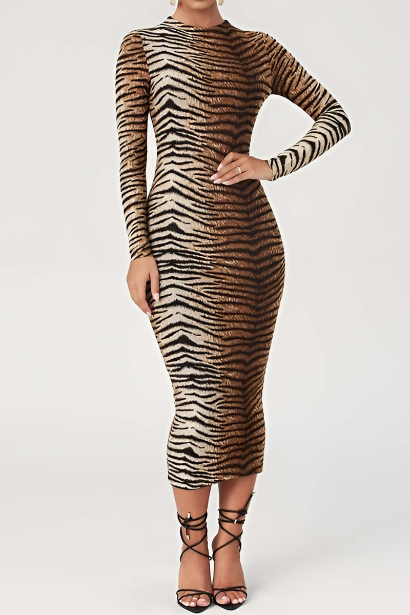 Vestido Bodycon Midi para Mujeres - Manga Larga, Cuello Alto y Estampado Animal para un Estilo Elegante
