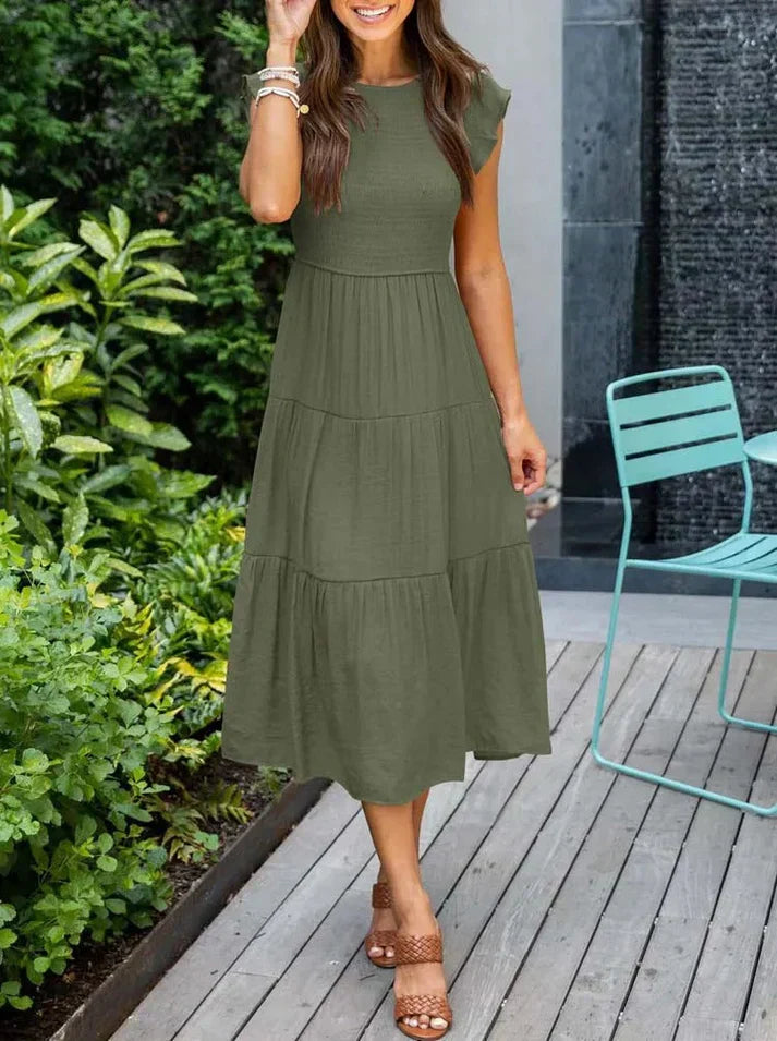Robe midi plissée en ligne A avec manches volantes pour femmes
