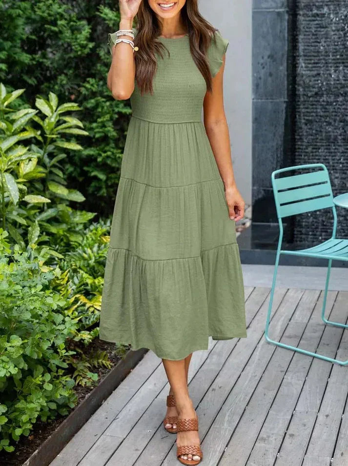 Robe midi plissée en ligne A avec manches volantes pour femmes