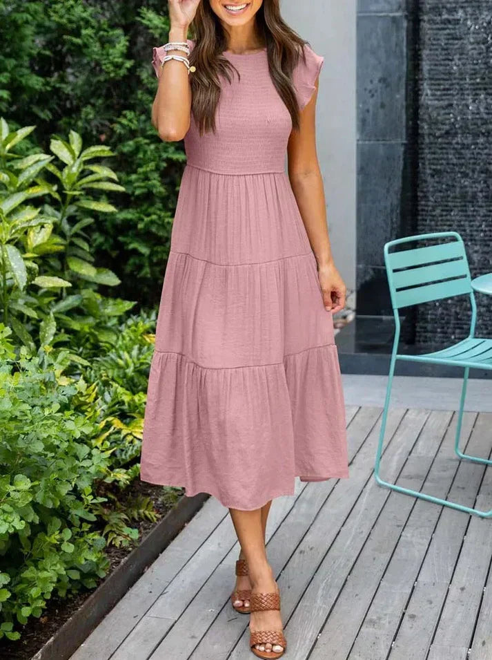 Robe midi plissée en ligne A avec manches volantes pour femmes