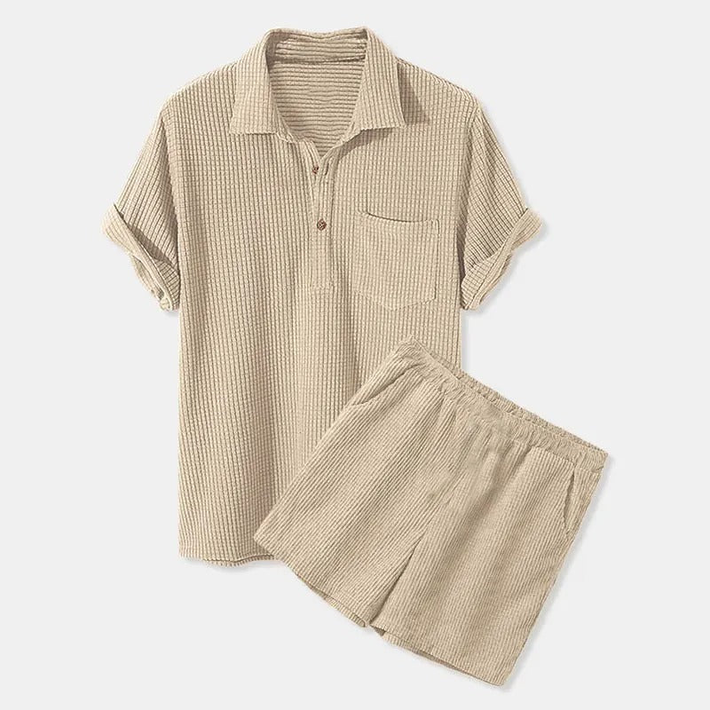 Ensemble décontracté pour homme : chemise en velours côtelé et short à manches courtes, boutonné, taille élastique