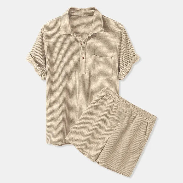 Ensemble décontracté pour homme : chemise en velours côtelé et short à manches courtes, boutonné, taille élastique