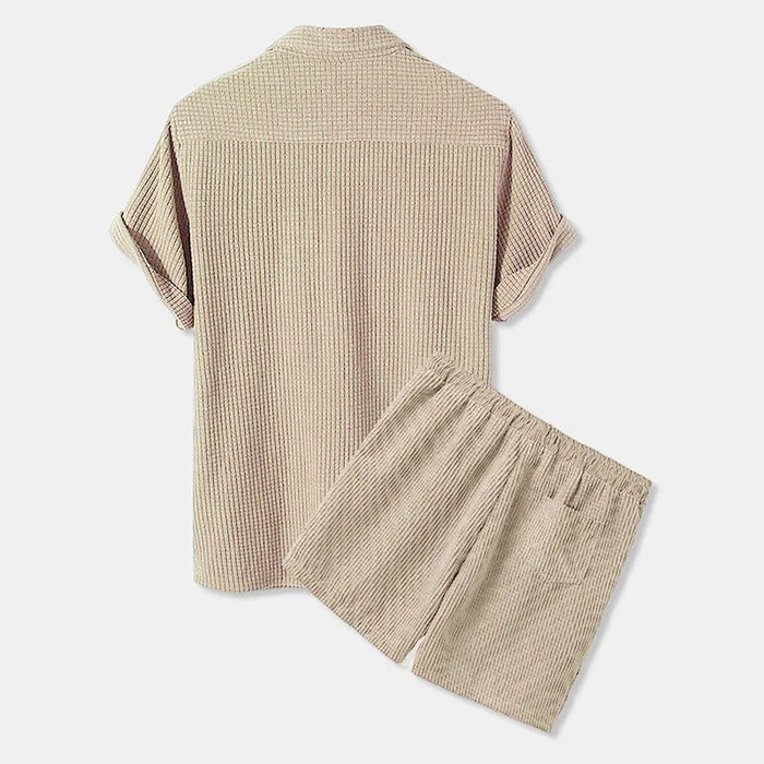 Ensemble décontracté pour homme : chemise en velours côtelé et short à manches courtes, boutonné, taille élastique