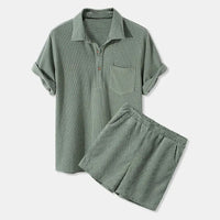 Ensemble décontracté pour homme : chemise en velours côtelé et short à manches courtes, boutonné, taille élastique