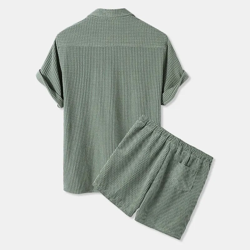 Ensemble décontracté pour homme : chemise en velours côtelé et short à manches courtes, boutonné, taille élastique