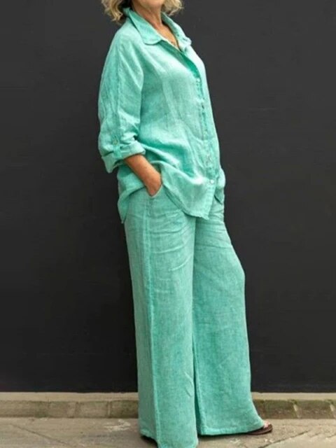 Ensemble pantalon 2 pièces pour femmes, avec blouse et pantalon en lin léger pour un confort quotidien