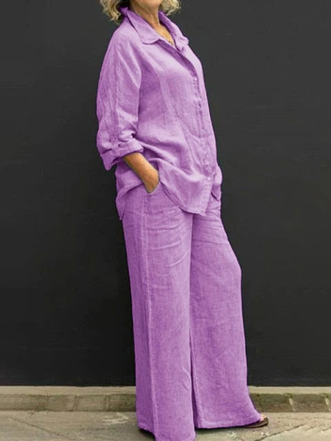 Ensemble pantalon 2 pièces pour femmes, avec blouse et pantalon en lin léger pour un confort quotidien