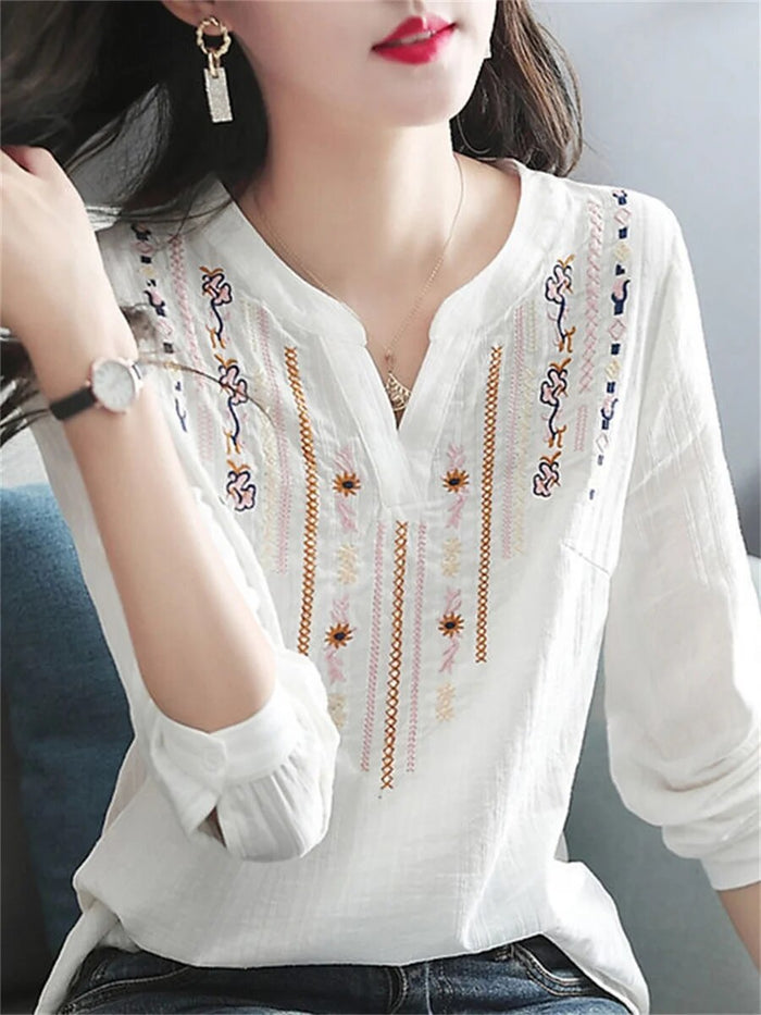 Blouse brodée élégante pour femme - Top léger en coton blanc avec manches longues élégantes pour un look chic lors d'événements décontractés