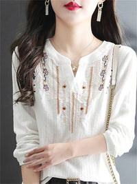 Blouse brodée élégante pour femme - Top léger en coton blanc avec manches longues élégantes pour un look chic lors d'événements décontractés